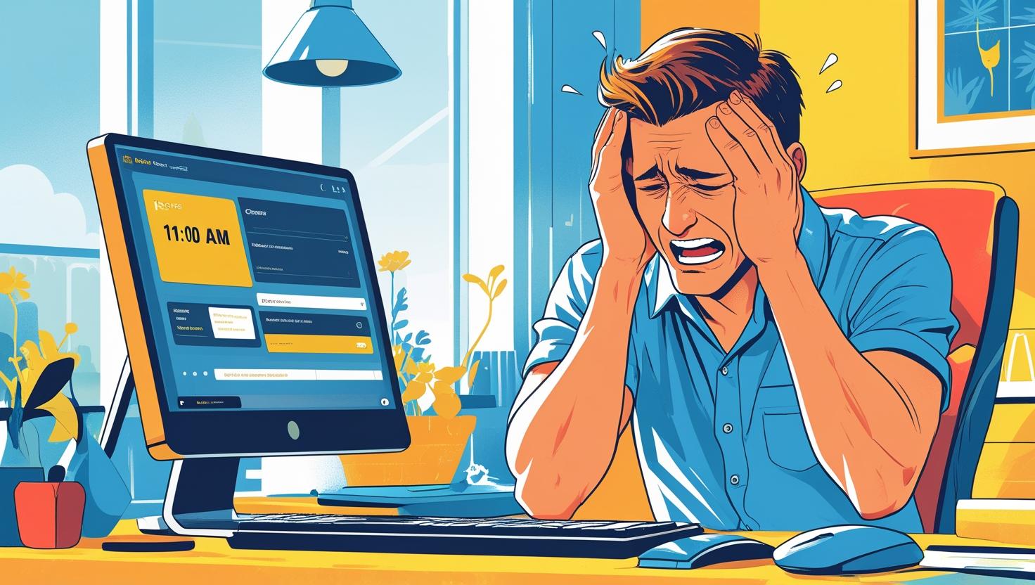男性がでストップのパソコンでホテル予約を試みているが、うまくいかず頭を抱えているイラスト。